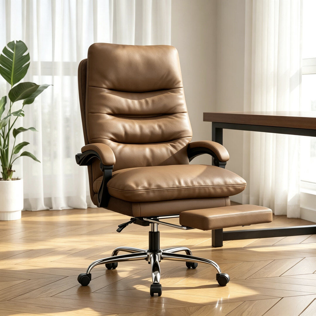 Inbox Zero Ergonomic High Back Office Chair with Footrest, Faux Leather Executive Desk Chair Brown 70cm W X 70cm D