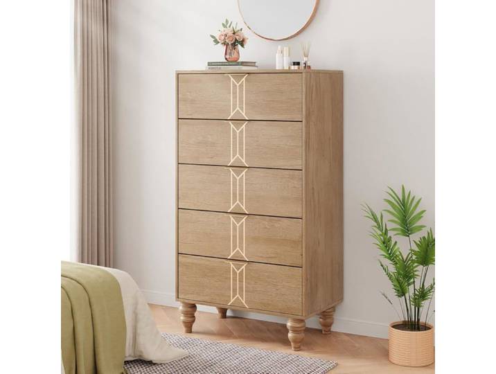 Commode à cinq tiroirs - LUNSY - Design floral sculpté - Finition bois et or - 60x40x125 cm - Beige