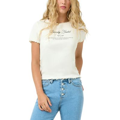 Kurzarmshirt QS, Damen, Gr. M (38), weiß (ecru), Feinripp, Obermaterial: 96% Baumwolle, 4% Elasthan, bedruckt, tailliert hüftbedeckend, Rundhals, gewellter Abschluss, Shirts, mit Frontprint und gewellten Abschlüssen