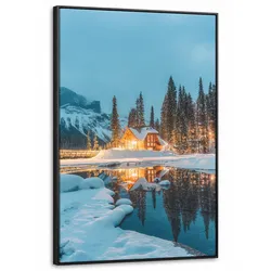 LEINWAND Bilder mit Rahmen - Winterlandschaft - Natur - Haus - Berge - Schnee - 80x120