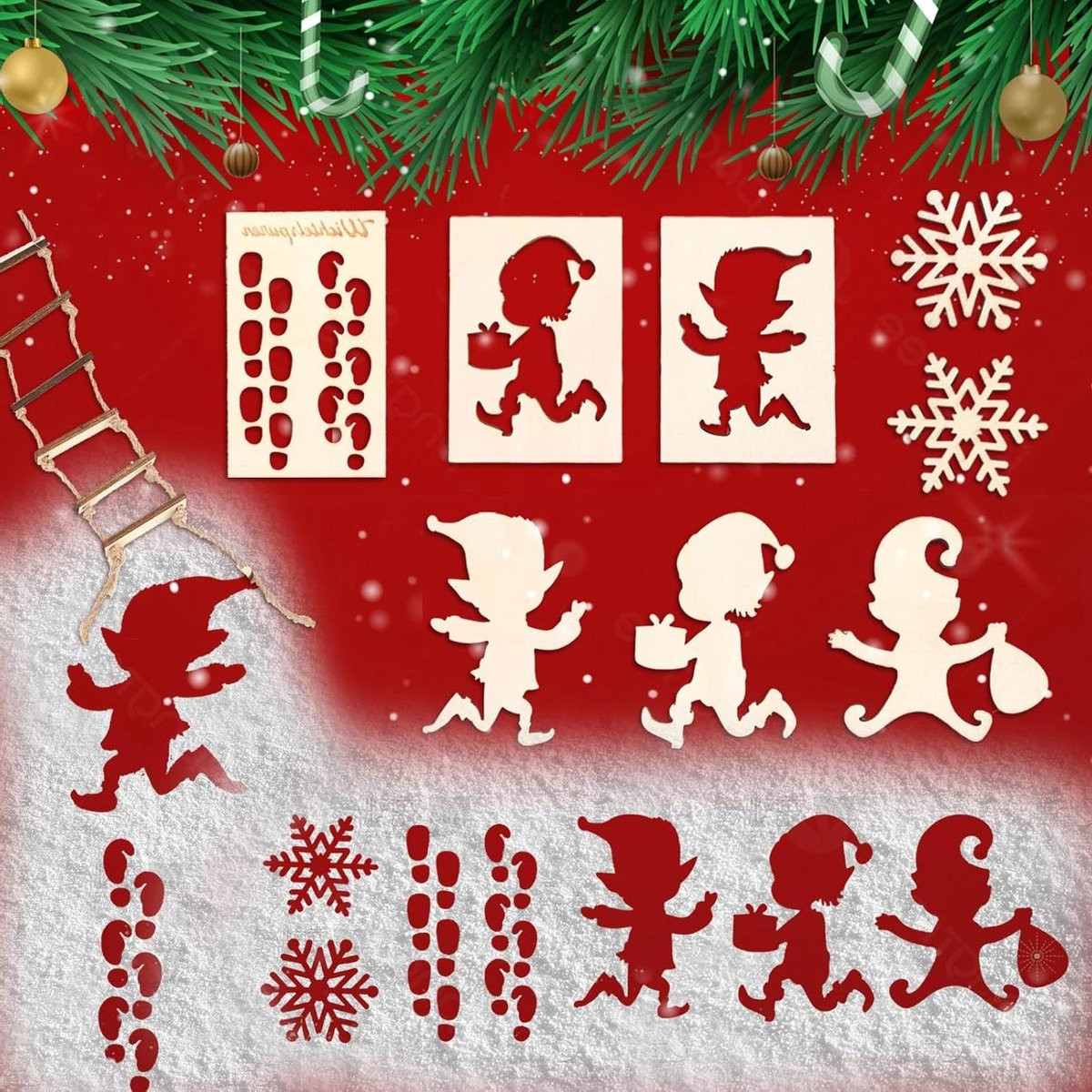Kerst Elf Accessoires - Houten Miniatuur Ladder Sjabloon met 1 Meter Touw voor Kerstdecoratie