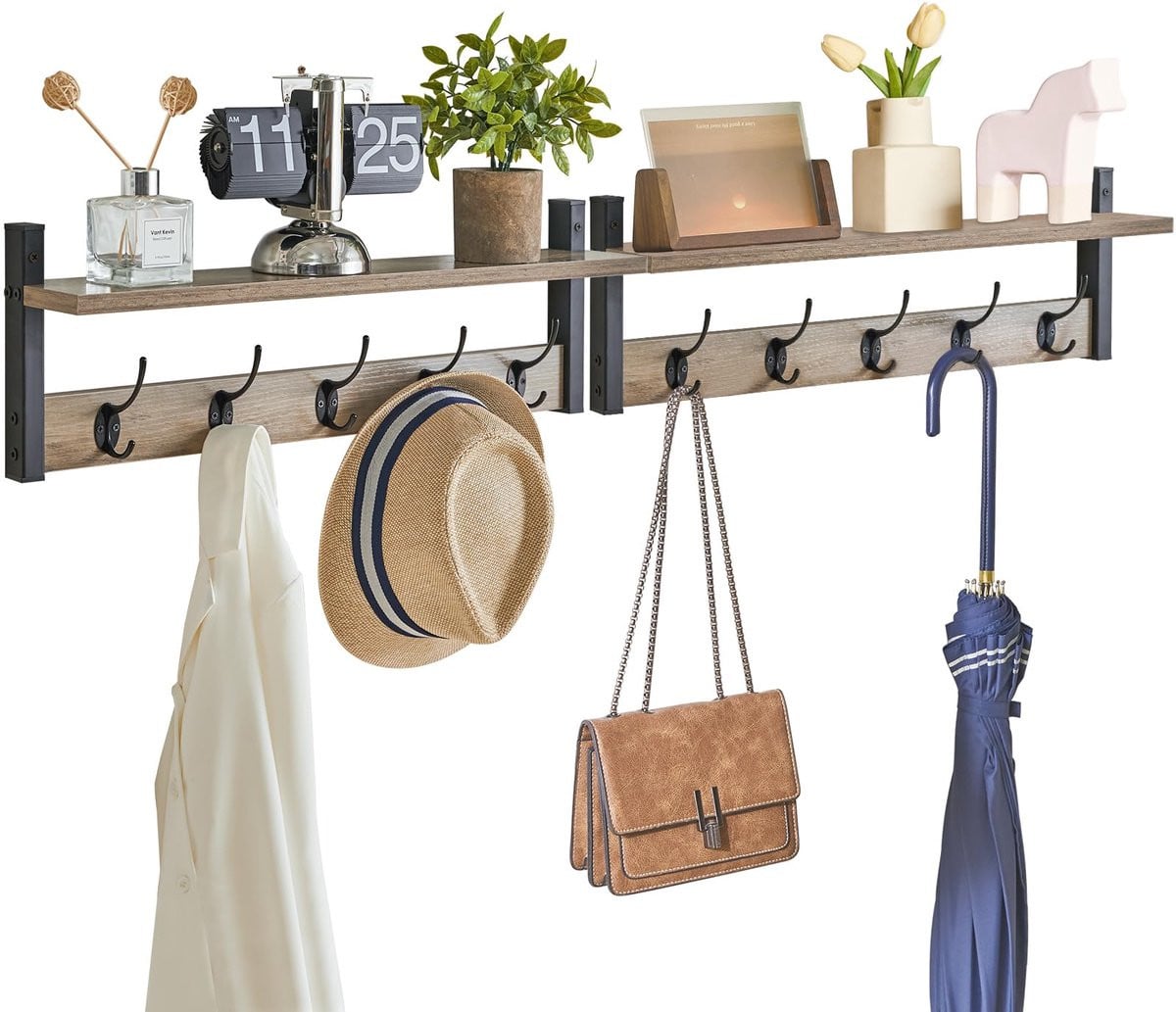 Ibenzoa Wandgarderobe Set met 10 Haken en Opbergrek in Zilvergrijs