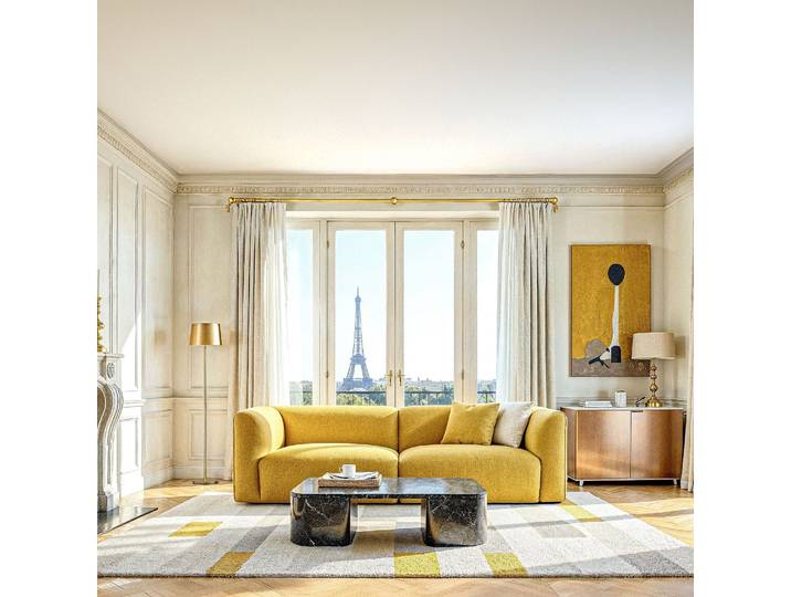 HABITAT - Canapé 4 places en tissu bouclette - Jaune moutarde - Design by Nicole Aptel - Temoli
