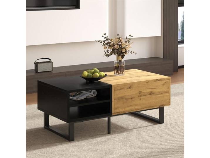Table basse - GUTENT - Rectangulaire - Bois et noir - 3 compartiments - Tiroir pratique