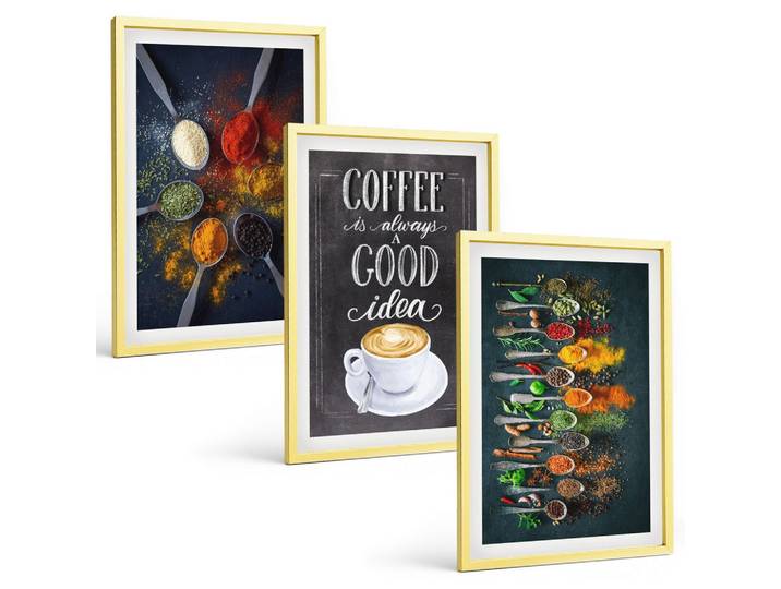 BILDER SET 3er Set - 40x60 cm Goldrahmen - Gewürze, Kaffee, Kräuter, Muster