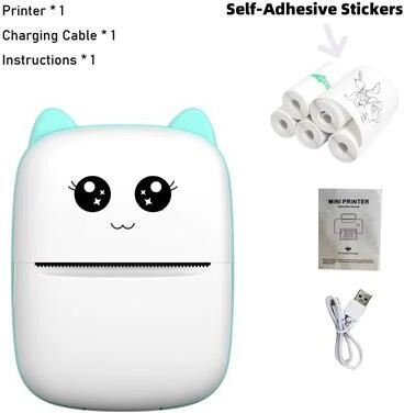 Inspired Living Mini Cat Portable Thermal Printer Pocket Bluetooth Photo & Label Printer For IOS & Android blue 5pcs Paper
