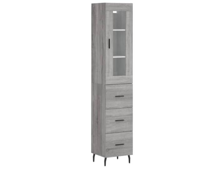 GHVBNMF Highboard Grau Sonoma 34,5x34x180 cm Holzwerkstoff Schrank Schmaler Kommodenschrank mit Glas und Metallfüßen für Wohnzimmer und Flur. Bietet viel Platz auf kleinem Raum.