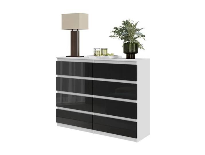 Commode GABRIEL – 8 tiroirs – Buffet de chevet 92 x 120 x 33 cm (Blanc/Noir Brillant)