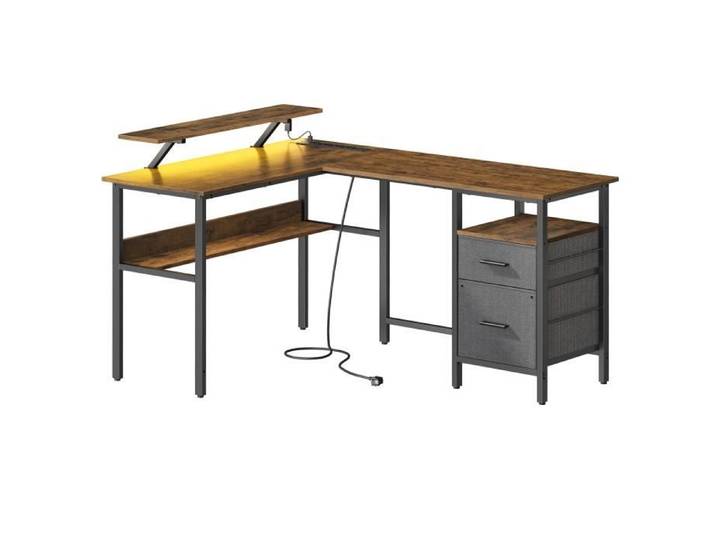 Bureau en L avec Multiprise - VASAGLE - Marron Rustique - 2 Tiroirs - 2 Ports USB