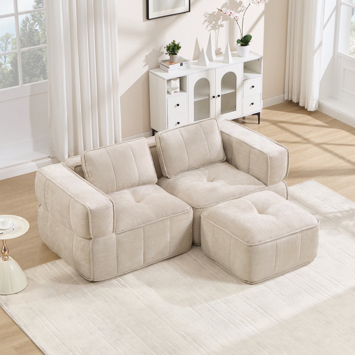 Zubaliya Moderne L-vormige Hoekbank met Voetenbank, 2-Zits Modulaire Bank in Beige