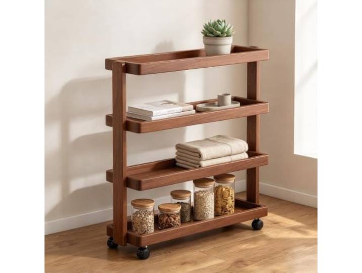 LJWFZBD Schmaler Rollwagen mit 4 Ebenen, Mobiler Regal-Organizer für Küche Platzsparendes Design, Stabile Konstruktion, Mühelose Mobilität, Vielseitig einsetzbar(Walnut Brown,31.5 (80cm))