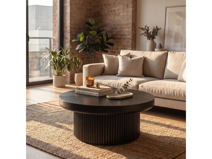 Table basse ronde noire 78x78x38 5cm plateau bois cannelé pied cylindrique vintage pour salon