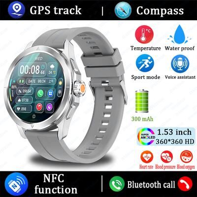 Inspire Daily Merch New Ultra GPS Smart Watch Men, Outdoor Sports, AMOLED Display, NFC, Heart Rate, IP68 Waterproof, Bluetooth Call Smart silver