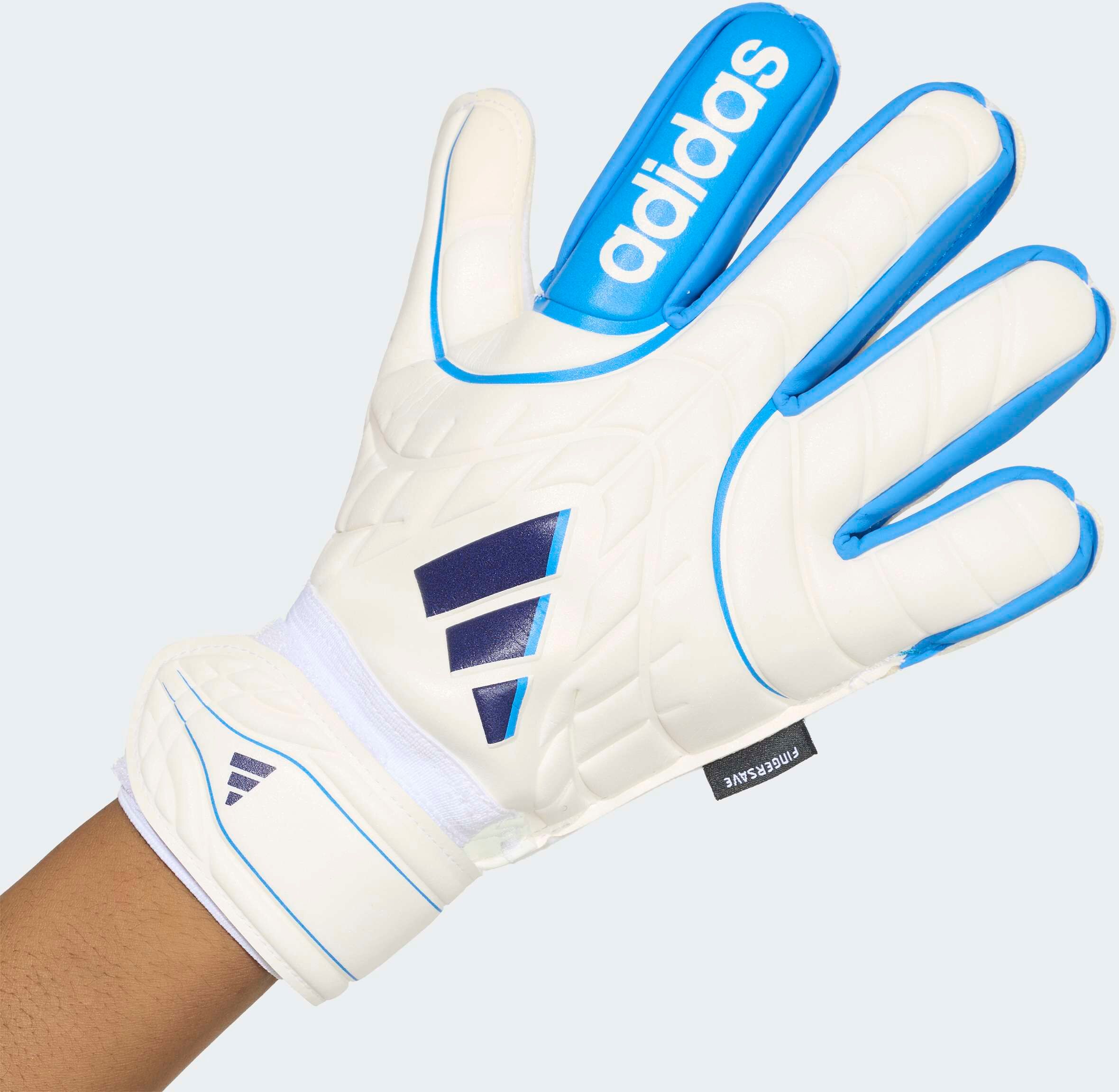 Torwarthandschuhe ADIDAS PERFORMANCE "COPA MATCH FINGERSAVE, KINDER UND TEENS", Kinder, Gr. 4,5, weiss (zero metallic, lucid ray blau, dunkelblau), Obermaterial: 100% Polyester, Handschuhe Torwarthandschuhe, für Kinder und Jugendliche zero metallic, lucid