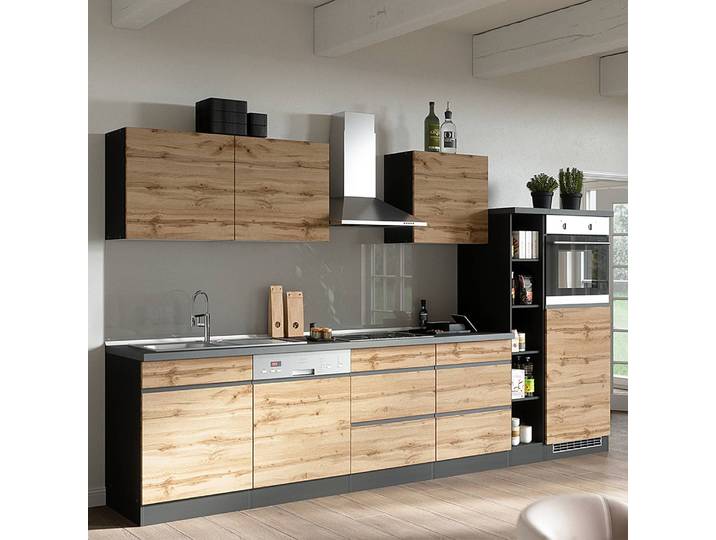Küchenzeile Turin Kombi C 330cm Braun/Grau/Wotaneiche Dekor/Graphit Induktion mit Elektrogeräten