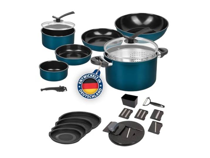 Genius Kelton Kochgeschirr-Set 27-teilig, Blau/Schwarz Aluminium & Edelstahl, PFOA- & PTFE-frei, Evernon-Antihaftbeschichtung, abnehmbarer Griff, induktionsgeeignet