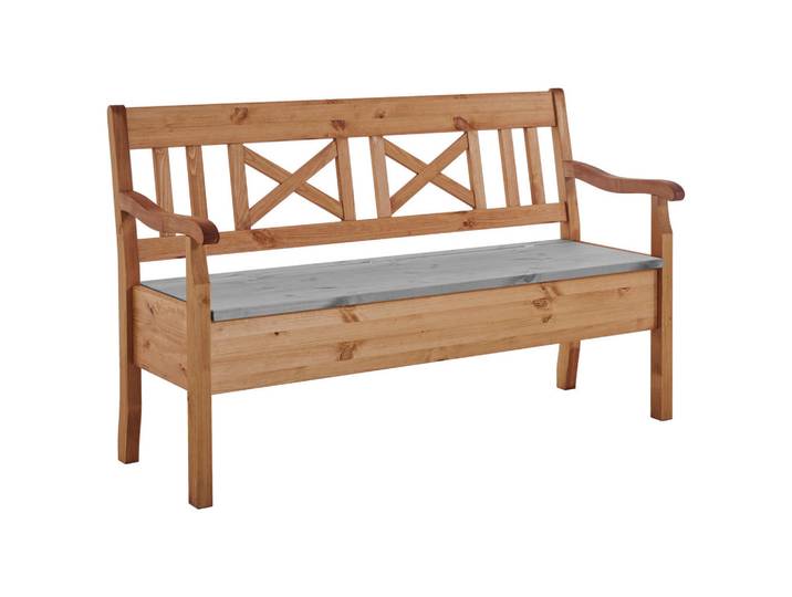 Boxxx Sitzbank, Laugenfarbig, Grau, Holz, Kiefer, massiv, 2-Sitzer, 148x93x58 cm, Truhe im Sitz, in verschiedenen Holz-Dekoren erhältlich, mit Rückenlehne, Größen erhältlich, Holzmöbel, Sitzgelegenheiten Holz, Holzbänke