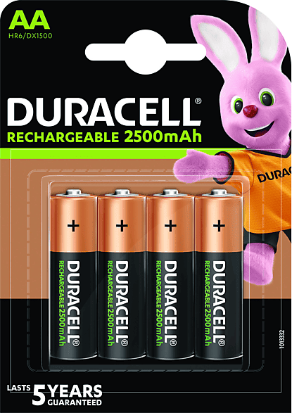 Pilas AA recargables - Duracell AA, 4 unidades, 2500 mAh LR06 / LR6, Negro