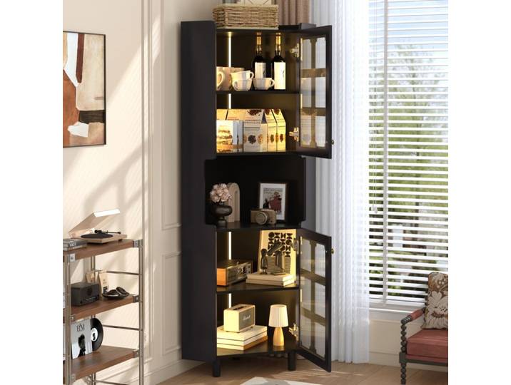 BEL Meuble Angle Noir Laqué LED Commode Multifonctionnelle Salon/Bibliothèque/Chambre Panneau MDF Laqué Noir