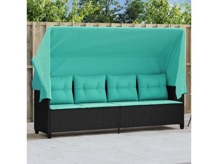 vidaXL Sonnenliege mit Dach und Kissen Schwarz Poly Rattan