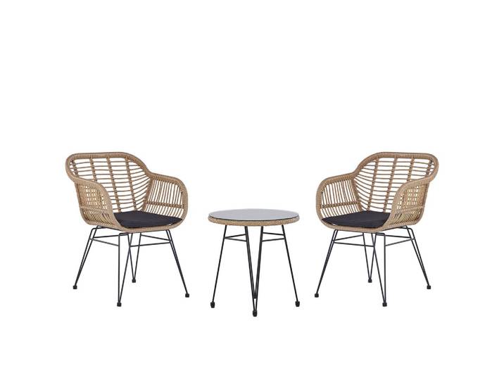 BALKONSET 2-Sitzer Rattan natürlich Auflagen schwarz Tropea II