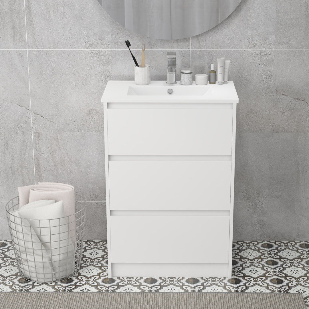 17 Stories kleankin 600mm Bathroom Vanity Unit w/ 1 Tap Hole Basin Drawers Gloss White White 610mm W