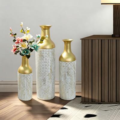 Kodotan sofa Decorative Metal Vases Set of 3, Gold Leaf Pattern Floor Vases, White & Gold Tall Vases for Home Decor, Living Room