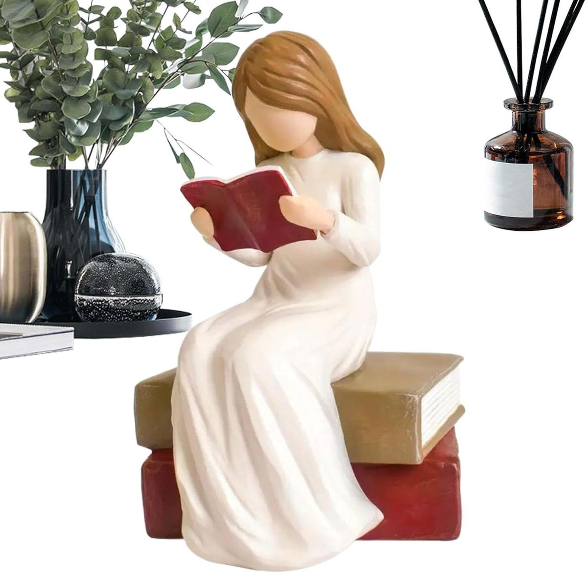 Wit Engelenbeeldje Decoratie van Hars voor Boekenliefhebbers - Hoogte: 12,5 cm
