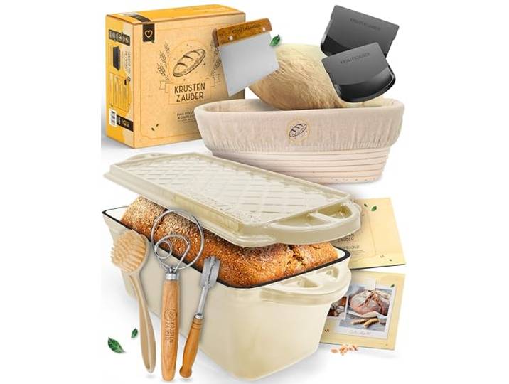 KRUSTENZAUBER Brotbackform mit Deckel im XXL-Set für selbstgebackenes Brot Großes Brotbackset als Geschenk mit Gärkorb, Brotbackzubehör & Anleitung für den sicheren Einstieg und das erste eigene Brot