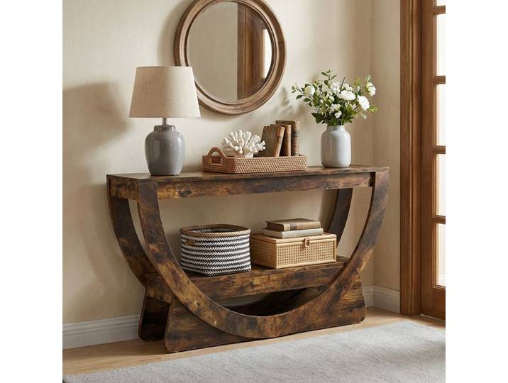 Console d'entrée TOPESCT 160 cm industrielle bois étagères rangement couloir salon brun foncé
