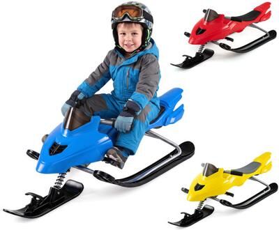 Costway Kids Snow Racer Sled with Brakes & Tow Ropes and Steering Handle for Winter-Blue
