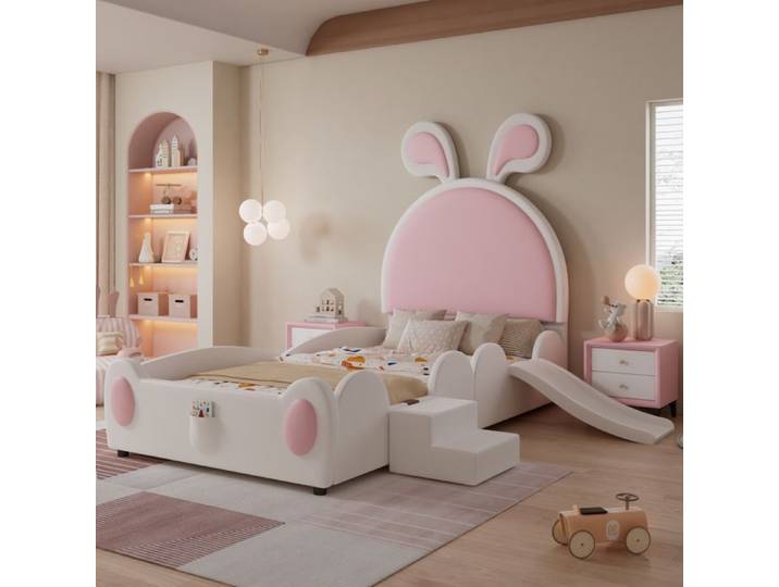 Lit enfant 90x200 cm en PU blanc et rose tête à oreilles de lapin toboggan et marche réversibles