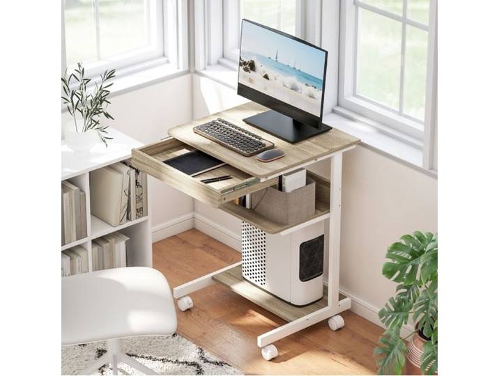 Bureau informatique sur roulettes compact avec tiroir et étagères aspect bois métal 56x51x79 cm VEVXYN