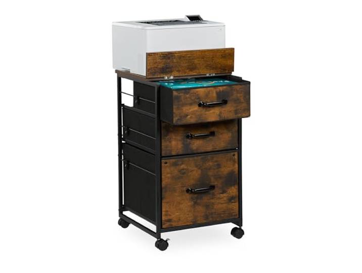 Relaxdays Rollcontainer, 3 Schubladen, Hängeregister, Industrial-Design, HBT: 68x40x40 cm, Aktenschrank, braun/schwarz