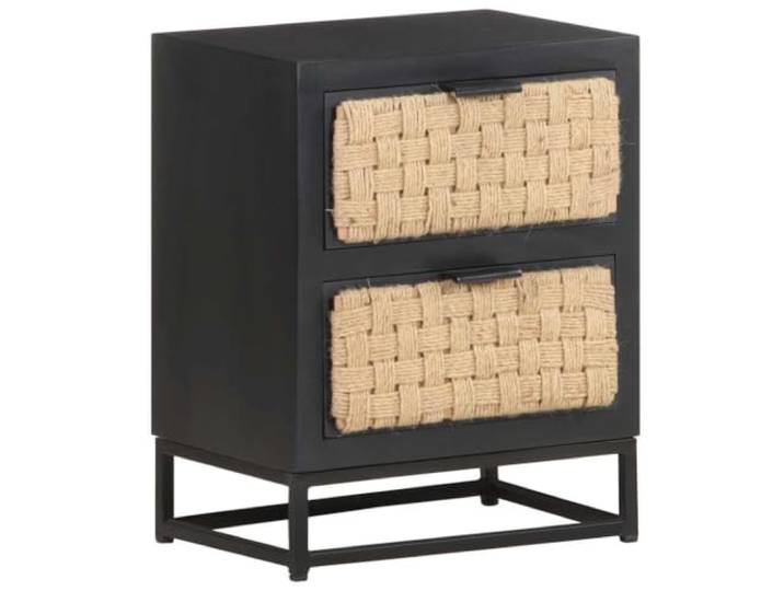 HEFZGDB Industrieller Nachttisch aus Massivholz Mango 40x30x50 cm mit Zwei Schubladen, Jutedekor und Eisenboden für Stabilität, robuste Beistelltisch Alternative mit langlebiger