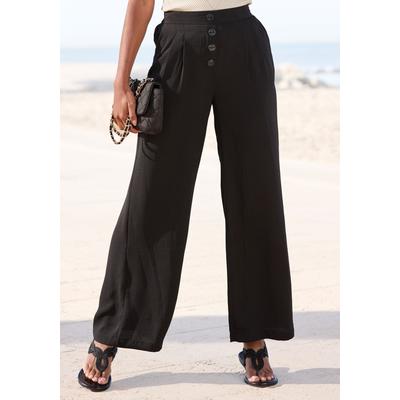 Palazzohose LASCANA "für den Sommer aus gekreppter Webware", Damen, Gr. 40, N-Gr, schwarz, Stoff, Obermaterial: 100% Polyester, unifarben, figurumspielend lang, Hosen Palazzohose, mit Zierknöpfen und bequemen Bund, luftig-leichte Stoffhose