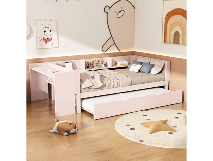 Lit gigogne 90x200 cm en pin et MDF rose avec lit gigogne et bureau intégré trois étagères latérales montage requis