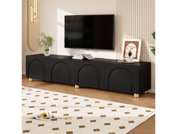 TV-Schrank Lowboard Bogenrelief 4 Türen Metallfüße Wohnzimmer Stauraum