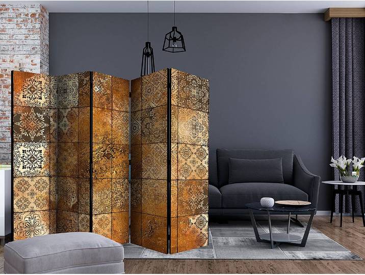 Paravent Old Tiles acoustique Intissé sur bois massif Doré 225 x 172cm