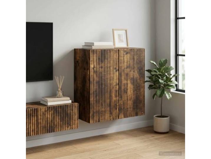 Wandschrank Holzwerkstoff Räuchereiche 59 x 31 x 60 cm mit Schublade Mit Rollen, abschließbar, USB LED Beleuchtung, Fächer, Schublade, Regal, platzsparend, modernes Design