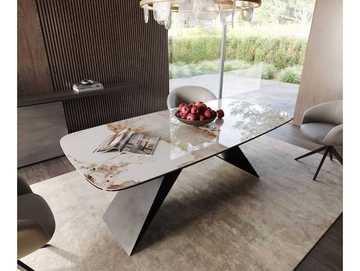 Esstisch Edge Boot 200x100 Keramik Minas Melange Weiß-Beige V-Gestell Flachstahl Schwarz, Esstische