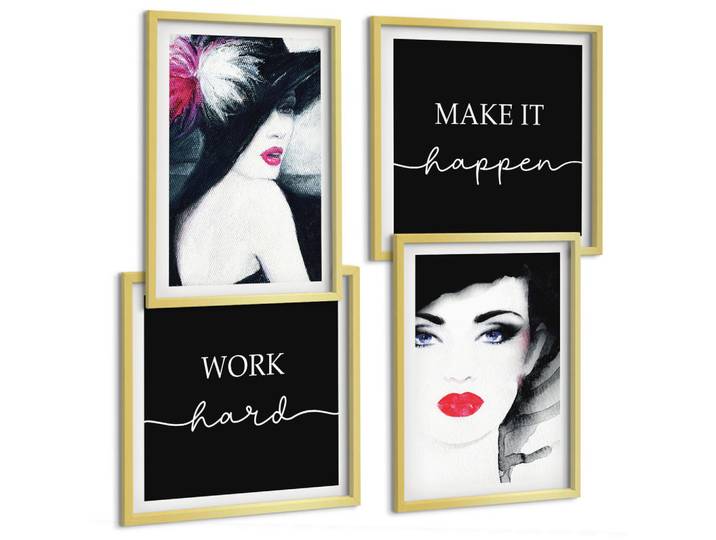 Tulup Bilder SET 4er Set - 50x50 cm & 40x60 cm Goldrahmen - Porträts von Frauen mit Lippen, Goldfarben, Kunststoff, Rechteckig, 50x50 cm, Fotografie, Bilder & Rahmen, Bilder