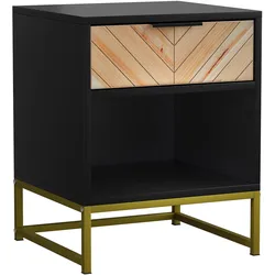 NACHTTISCH 43 cm Schwarz & Natur – Nachtkonsole mit Schublade & Metallbeinen Industrial