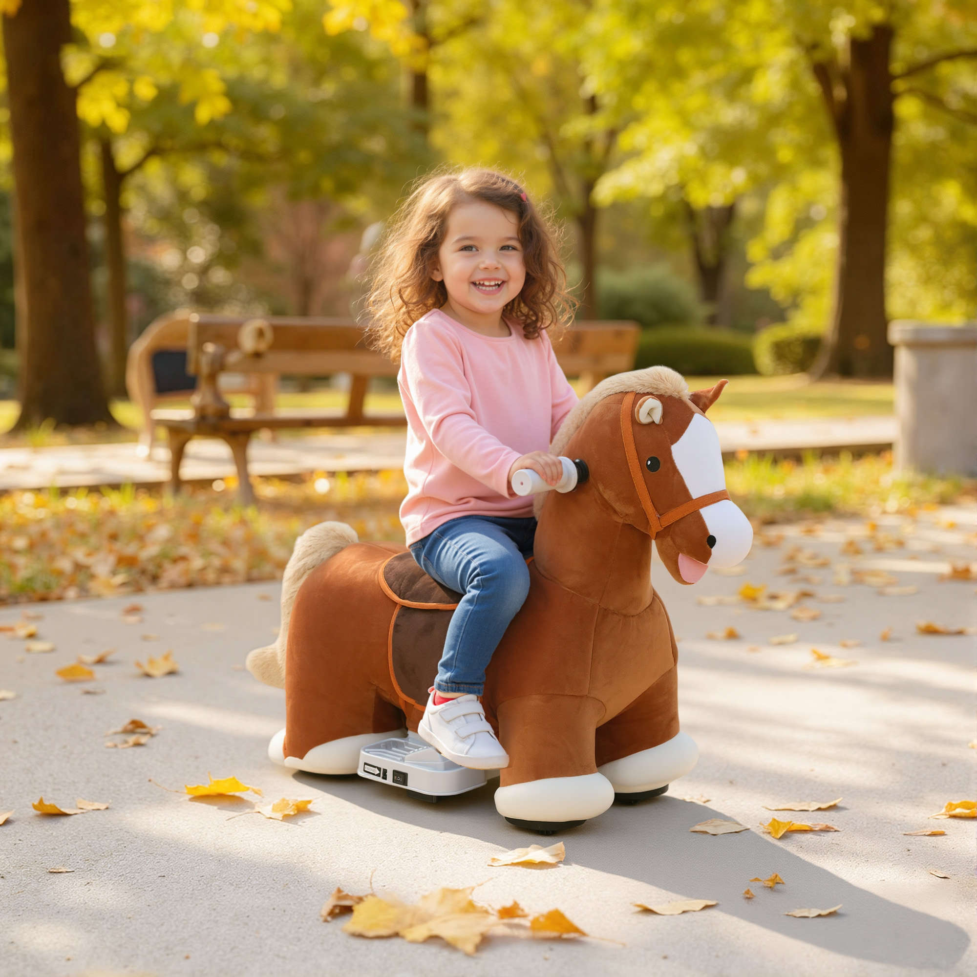 Aiyaplay Cavallo Elettrico per Bambini con Pedali, Rotelle e Suoni, in Peluche e Metallo, 74x34x51 cm, Marrone   Aosom Italy