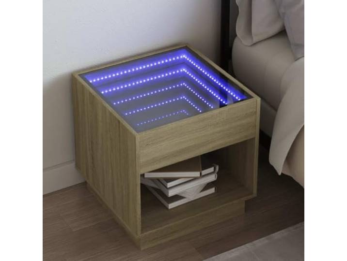 HEFZGDB Nachttisch mit Infinity-LED Beleuchtung Sonoma-Eiche 50x50x50 cm, RGB Beleuchtung mit USB-Anschluss für personalisierte Lichtshow, stabile Tischplatte aus Holzwerkstoff,