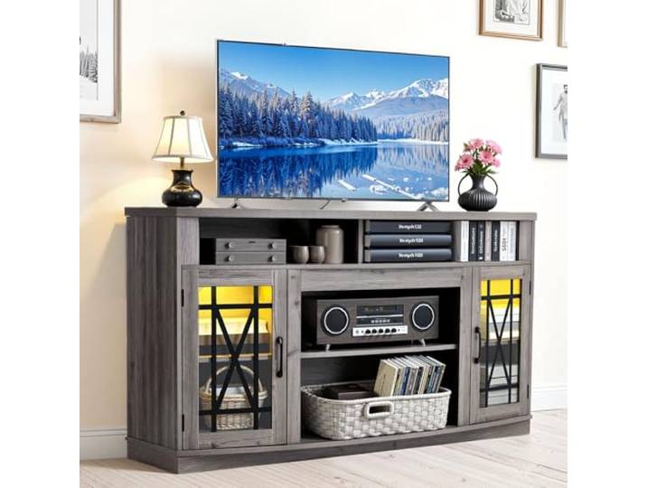 VEVOR TV-Ständer für Fernseher bis zu 65 Zoll, TV Tisch mit Lichtleiste, TV-Schrank aus Holz mit Glastüren & verstellbaren Regalen, Konsolentisch Fernsehschrank für Wohnzimmer Schlafzimmer, Grau