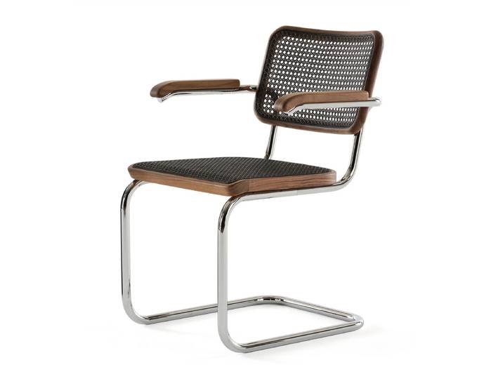 Thonet - S 64 V Armlehnstuhl, Chrom / Nussbaum / Rohrgeflecht mit Kunststoffstützgewebe dark melange
