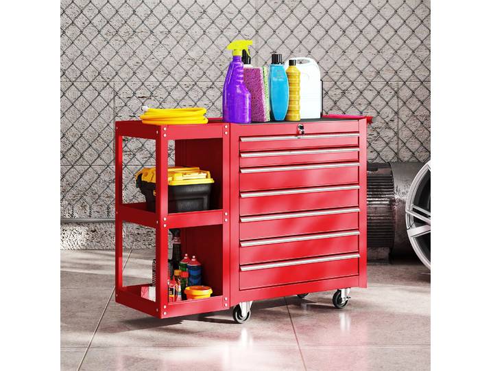 HOMCOM Chariot Atelier 7 Tiroirs Métal Rouge 96x33,5x75cm