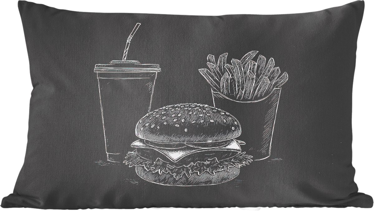 Sierkussens Hamburger Friet Frisdrank Krijttekening B/D/H: 60 x 40 cm