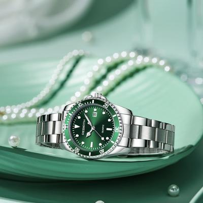 Youfap Market Elegant Business Classic Date Quartz Watch For Ladies With Stainless Steel Strap green